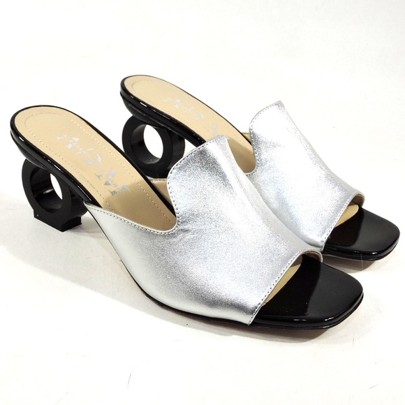 ALESSANDRO DI MARIA 🇮🇹 WOMEN'S SILVER LEATHER FASHION MULES - Picture 2 of 8